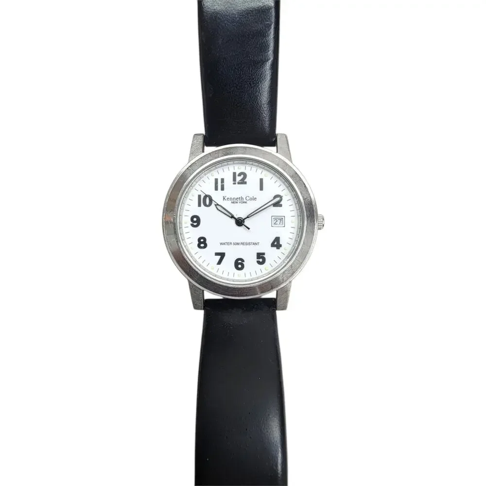 Kenneth Cole New York Mens Watch White Dial Date Black Leather Band Water 50M